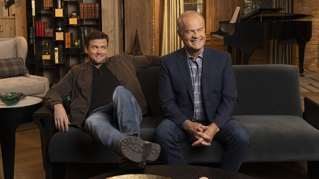 Jack Cutmore-Scott as Freddy Crane and Kelsey Grammer as Frasier Crane in 'Frasier,' streaming on Paramount+, 2023.